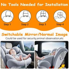 Car seat with a switchable mirror and installation steps on an orange background