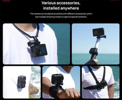 Camera with various accessories on a person, with text about camera placement and shooting modes.