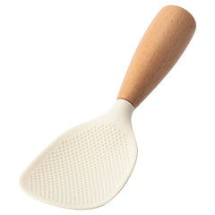 White rice paddle with wooden handle on a white background