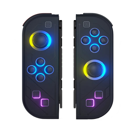Pair of black gaming controllers with colorful LED lights on a white background