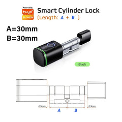 Smart cylinder lock with dimensions and Tuya logo on a white background