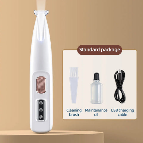 White electronic device with cleaning brush, maintenance oil, and USB charging cable on a beige background