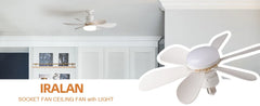 Ceiling fan with light fixture on a white background, featuring the brand 'IRALAN'.