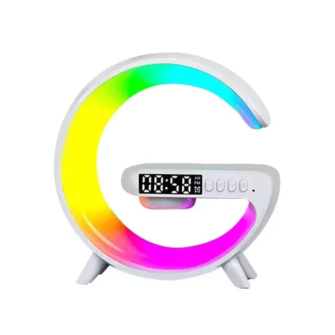 Colorful crescent moon-shaped clock with digital display on a white background
