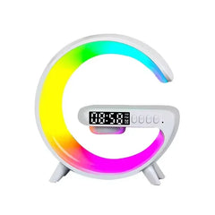 Colorful crescent moon-shaped clock with digital display on a white background