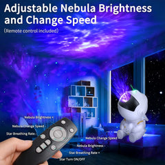 Nebula projector with remote control in a room setting, displaying adjustable nebula brightness and change speed.