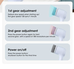Instructions for using a cleaning brush with text on gear adjustments and power control.