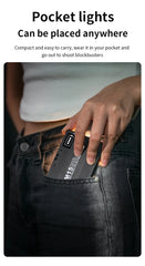 Person holding a pocket light in their jeans pocket with text about its portability.