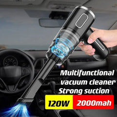 Multifunctional vacuum cleaner being held inside a car with text highlighting features.