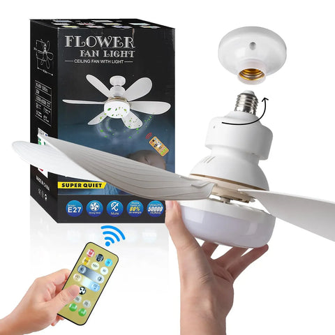 Ceiling fan light with remote control, packaging, and bulb on a white background