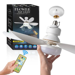 Ceiling fan light with remote control, packaging, and bulb on a white background