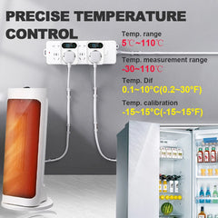 Temperature control device with refrigerator and temperature measurement details on a gray background