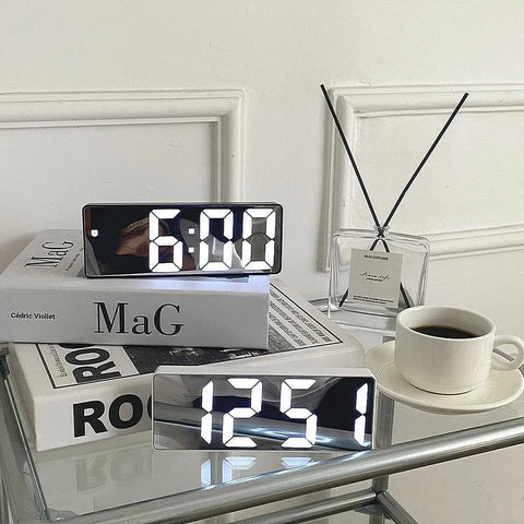 "Curved Mirror LED Alarm Clock with Temperature Display"