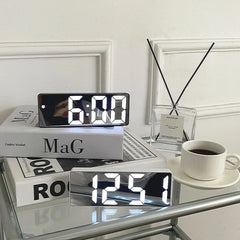 "Curved Mirror LED Alarm Clock with Temperature Display"