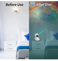 Before and after use comparison of a night light projector in a bedroom setting.