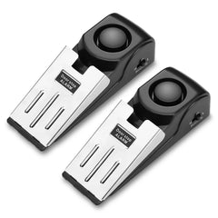 Three black and silver door stopper security alarms with a 120dB loud alert feature.