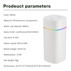 Product parameters of a white device with electronic components, including color, material, capacity, and dimensions.