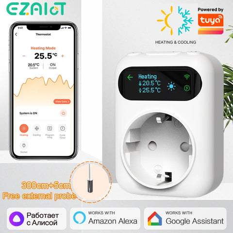 Smart thermostat with smartphone app interface, Tuya logo, and compatibility with Amazon Alexa and Google Assistant.