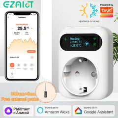 Smart thermostat with smartphone app interface, Tuya logo, and compatibility with Amazon Alexa and Google Assistant.