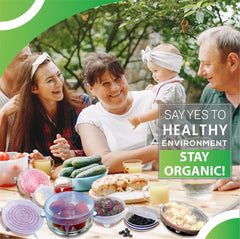 Family enjoying a meal outdoors with a focus on health and sustainability.