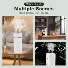 Collage of a humidifier in various settings including home, office, and car.