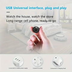 Hand holding a small camera with text about USB interface and plug-and-play features.