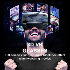 Man wearing a VR headset with multiple screens displaying various images, promoting 3D VR glasses.