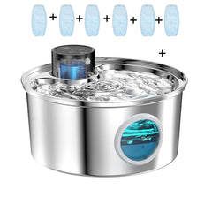Stainless steel water fountain with blue LED lights and additional filters displayed above it on a white background.