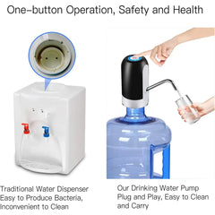 Comparison of traditional water dispenser and drinking water pump with text highlighting features.