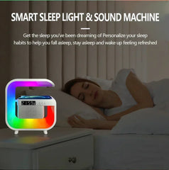 Smart sleep light and sound machine with a woman sleeping in the background