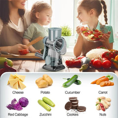 Family in a kitchen with a manual food grinder and a variety of vegetables and snacks.