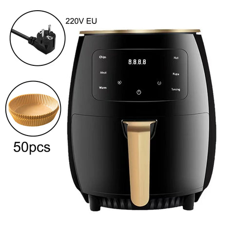 Black air fryer with gold handle on a white background, including an inset of a plug and a basket.