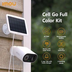 IMOU Cell Go solar-powered Wi-Fi camera kit, including a camera with a solar panel, with highlights of 2K MP, human detection, and rechargeable battery.
