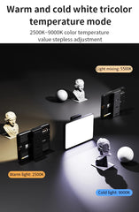 Lighting setup with warm and cold white tricolor temperature mode on a dark background.