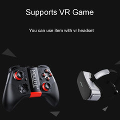 Game controller and VR headset with text indicating VR game support on a black background