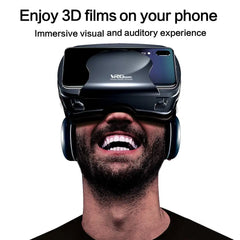 Man wearing a VR headset with text about enjoying 3D films on a phone.