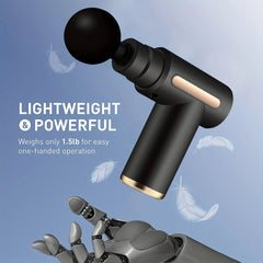 Black handheld massage gun with text on a blue background