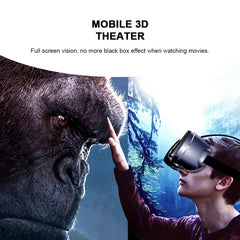 Person wearing a VR headset facing a gorilla with a scenic background, promoting mobile 3D theater.