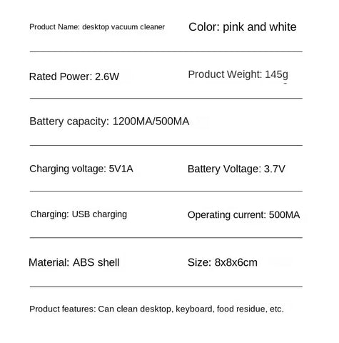 Product details of a pink and white desktop vacuum cleaner on a white background