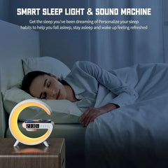 Person sleeping in bed with a smart sleep light and sound machine on a nightstand.