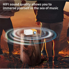 Portable audio device on a wooden stump with people around, emphasizing HIFI sound quality.