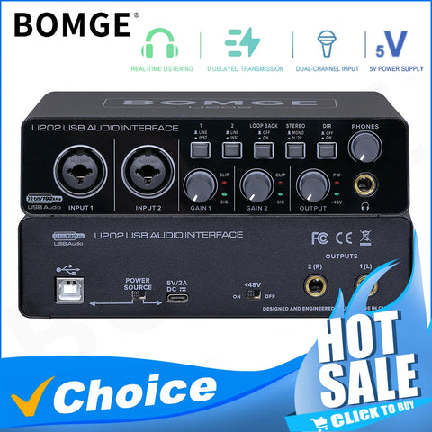 BOMGE U202 USB Audio Interface – 32-Bit/192kHz Mic Preamplifier with XLR/TS/TRS Inputs & 48V Phantom Power for PC Recording & Streaming