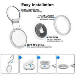 Product features with metal keychain, translucent design, soft TPU shell, and easy installation steps.
