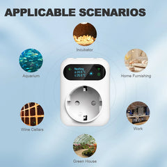 Smart socket with digital display on a blue background with icons and text indicating applicable scenarios.