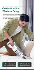Man using a vacuum cleaner with one-button start feature on a couch.
