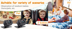Baby monitor with various use cases including observation of newborn babies, twins, pets, and children in an RV.