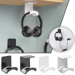 Headphone holder hanging from a desk with close-up details