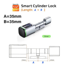 Smart cylinder lock with dimensions and Tuya logo on a white background
