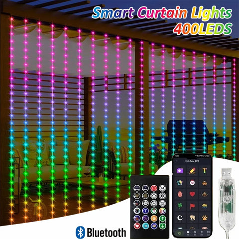 "Smart RGB Curtain Lights – Bluetooth App-Controlled Waterproof LED Fairy String with USB"