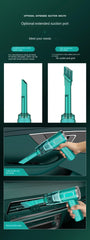Teal handheld vacuum cleaner with extended suction port feature on a green background
